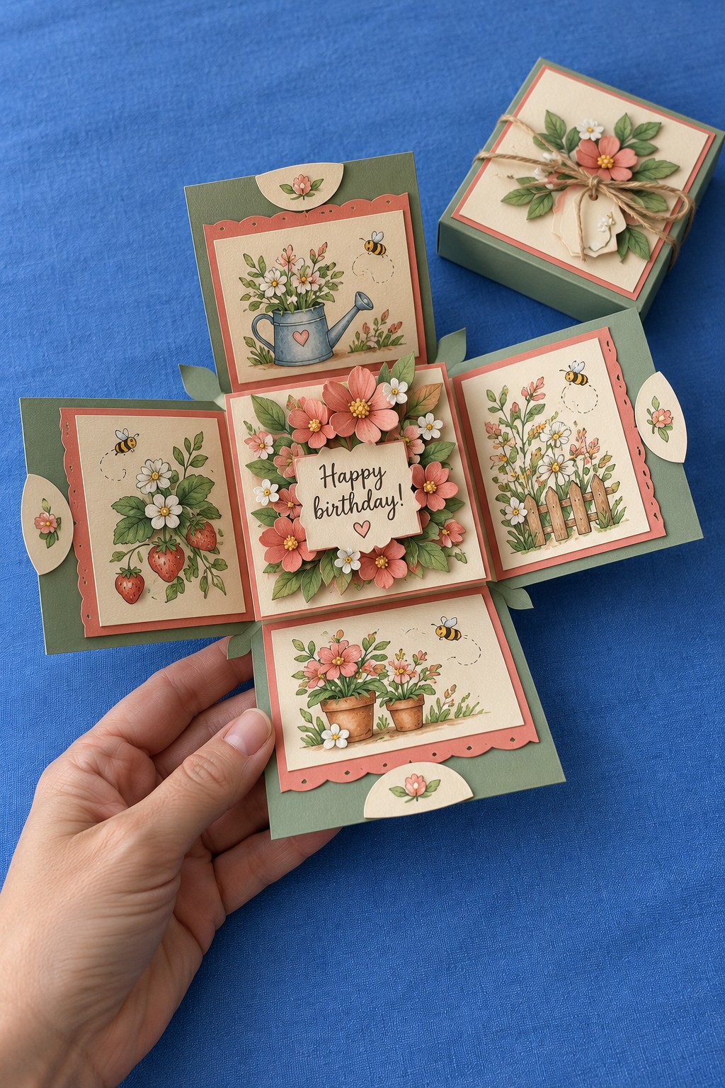 Green and coral exploding card box with four floral panels, a central birthday greeting, and a decorated lid