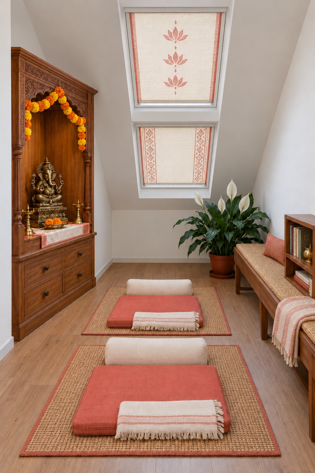 Wooden Ganesha shrine beside two coral prayer mats under lotus patterned roof blinds