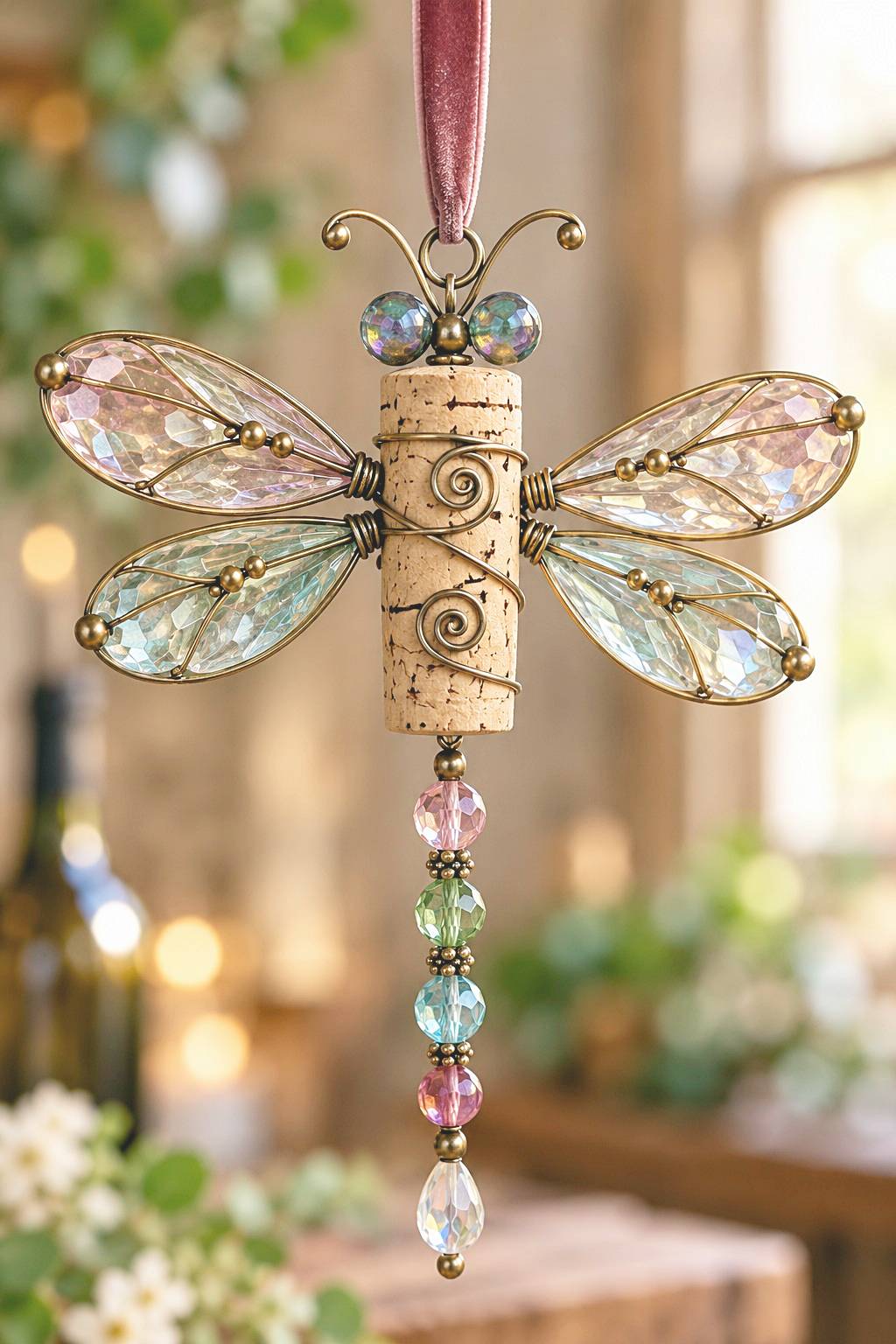 Cork dragonfly ornament with four translucent wings and beaded tail