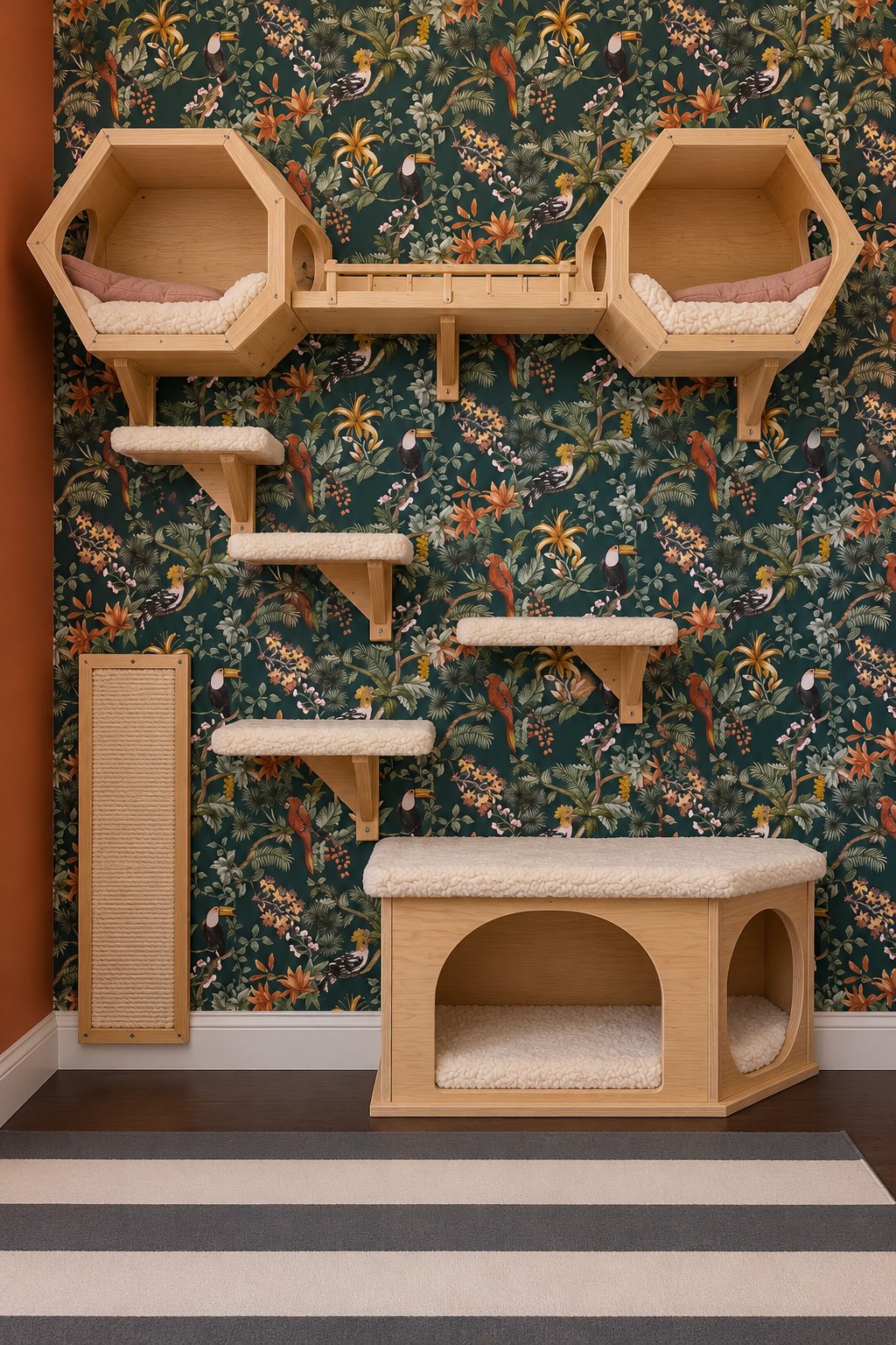 Two wooden hexagonal wall dens joined by a slatted bridge above carpeted shelves and a floor hideaway