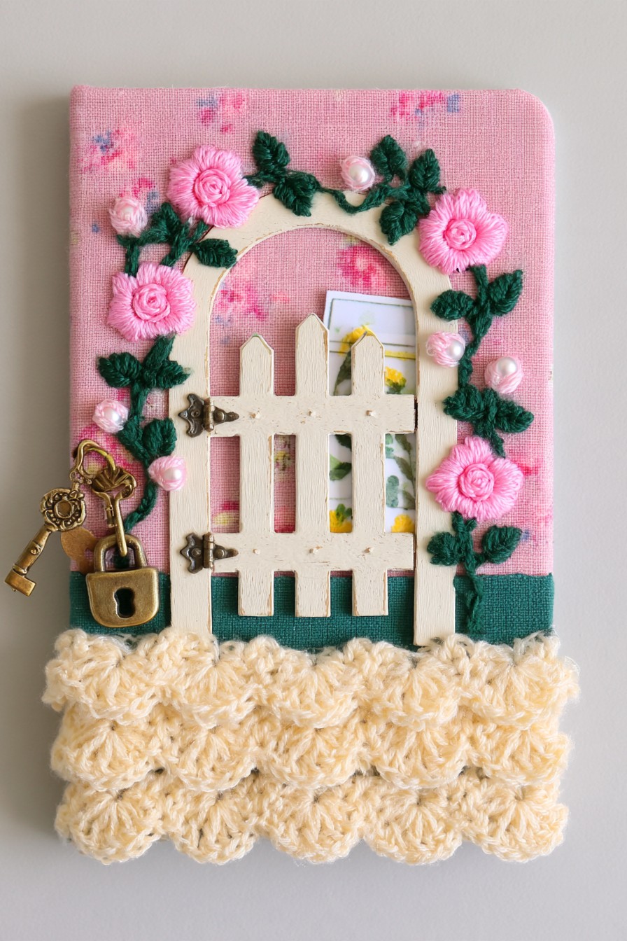 Pink secret garden sketchbook with an ivory gate, climbing rose embroidery, a card insert, and cream crochet