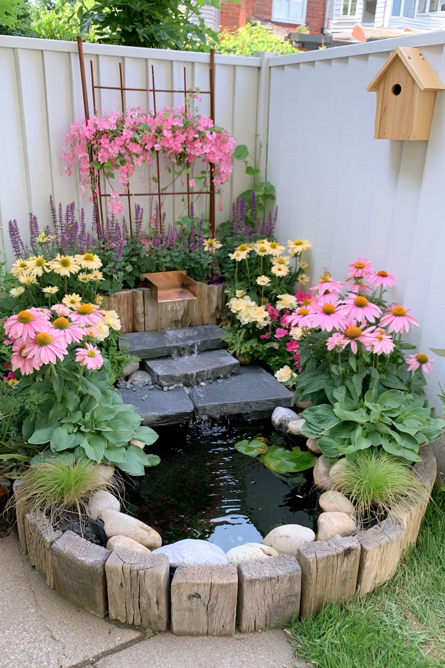 Timber-edged pond with dark stone cascade steps and a copper-colored upper spillway
