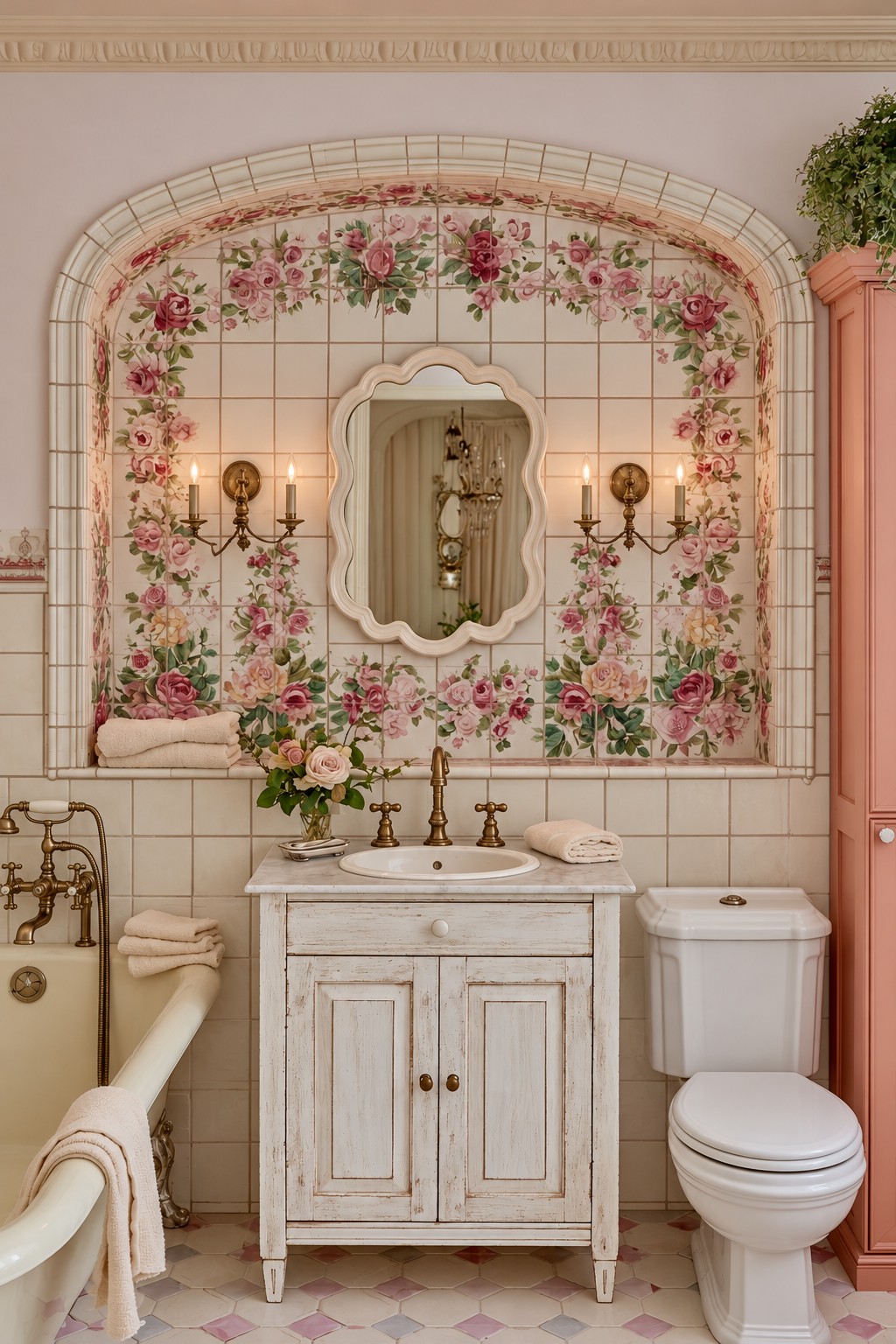 Arched rose patterned tile panel behind a scalloped mirror and distressed white vanity with a coral cabinet