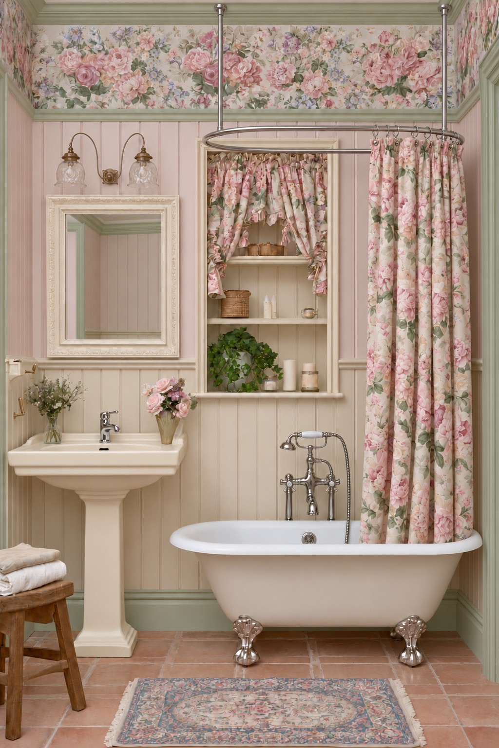Floral curtain around a clawfoot tub with matching fabric framing a storage recess and pastel paneling