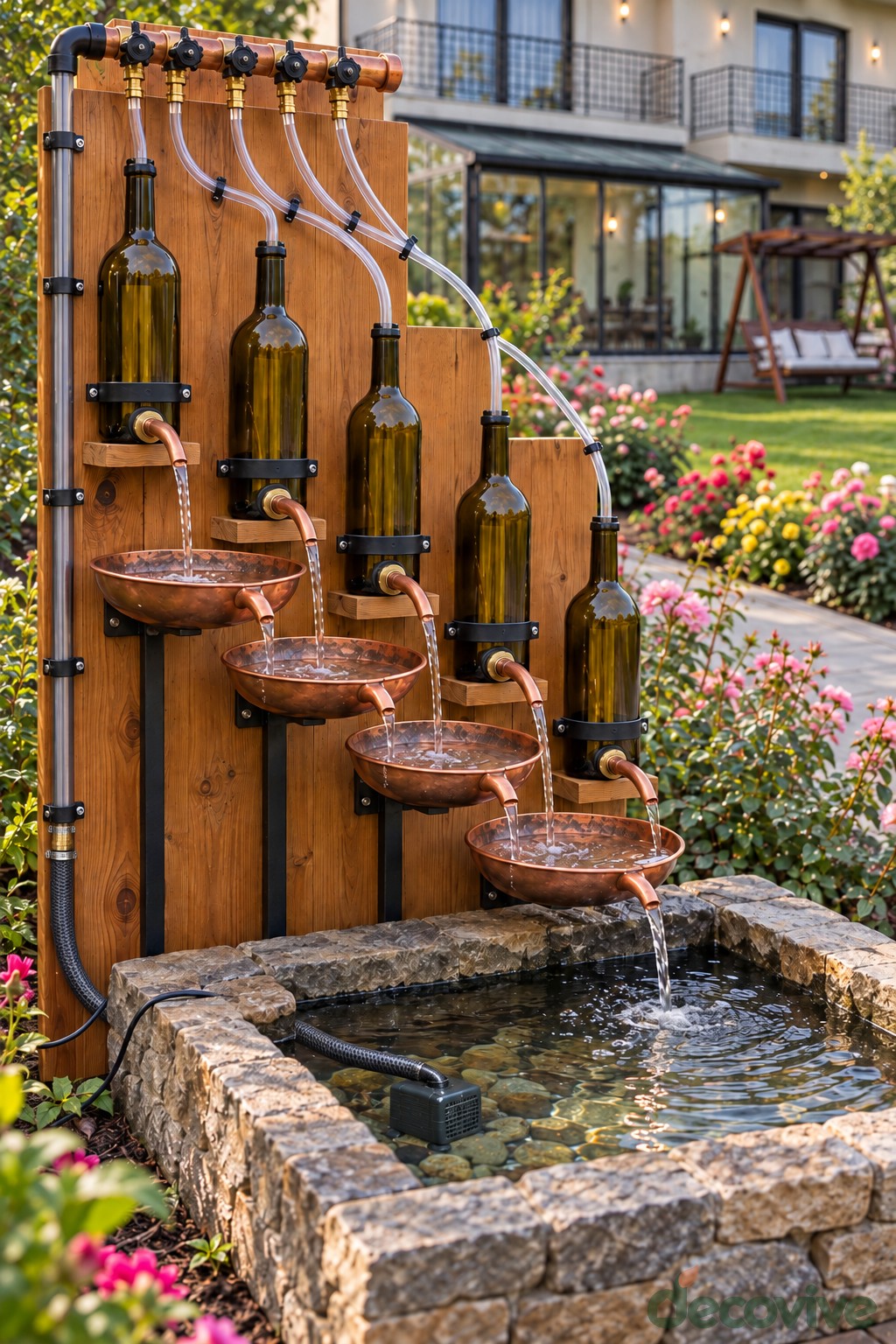 Upright wine bottles on timber boards feeding a series of copper fountain bowls