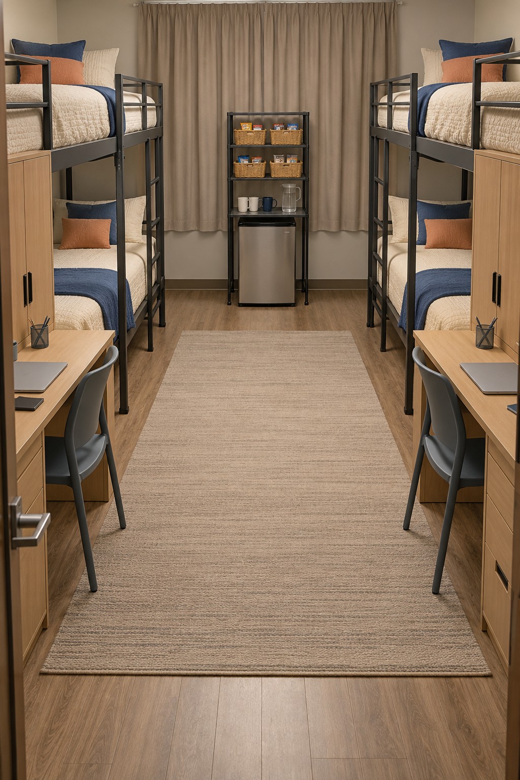 Two black metal bunk beds with navy and cream bedding and a central mini fridge beneath open shelves