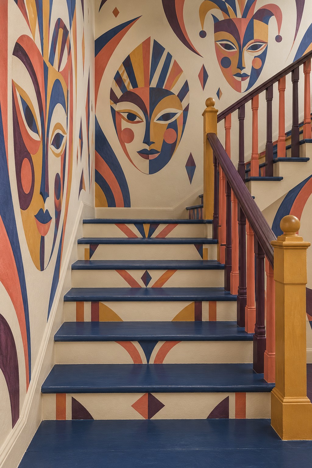 Cobalt stair treads and geometric cream risers beneath colorful stylized carnival mask murals