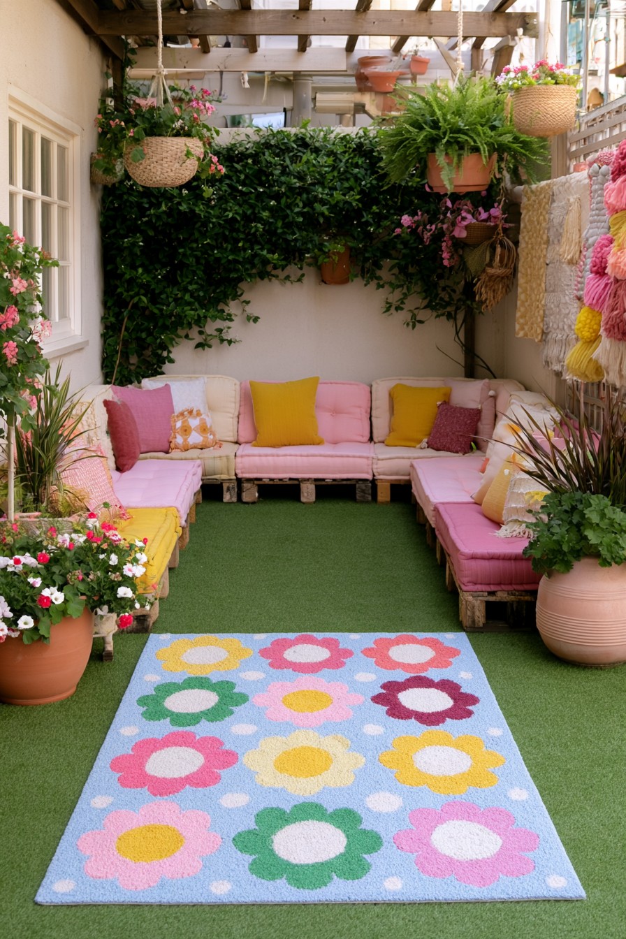 Cozy bohemian garden conversation area with floral textiles