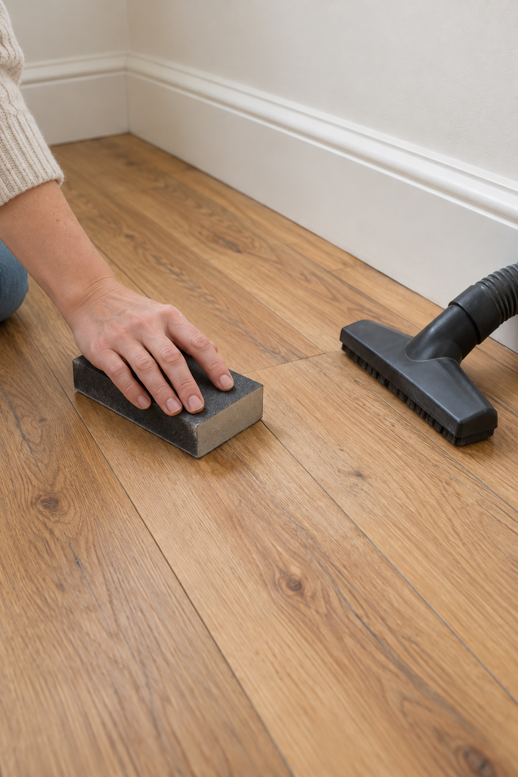 Hand using a sanding block on wooden floorboards beside a vacuum nozzle