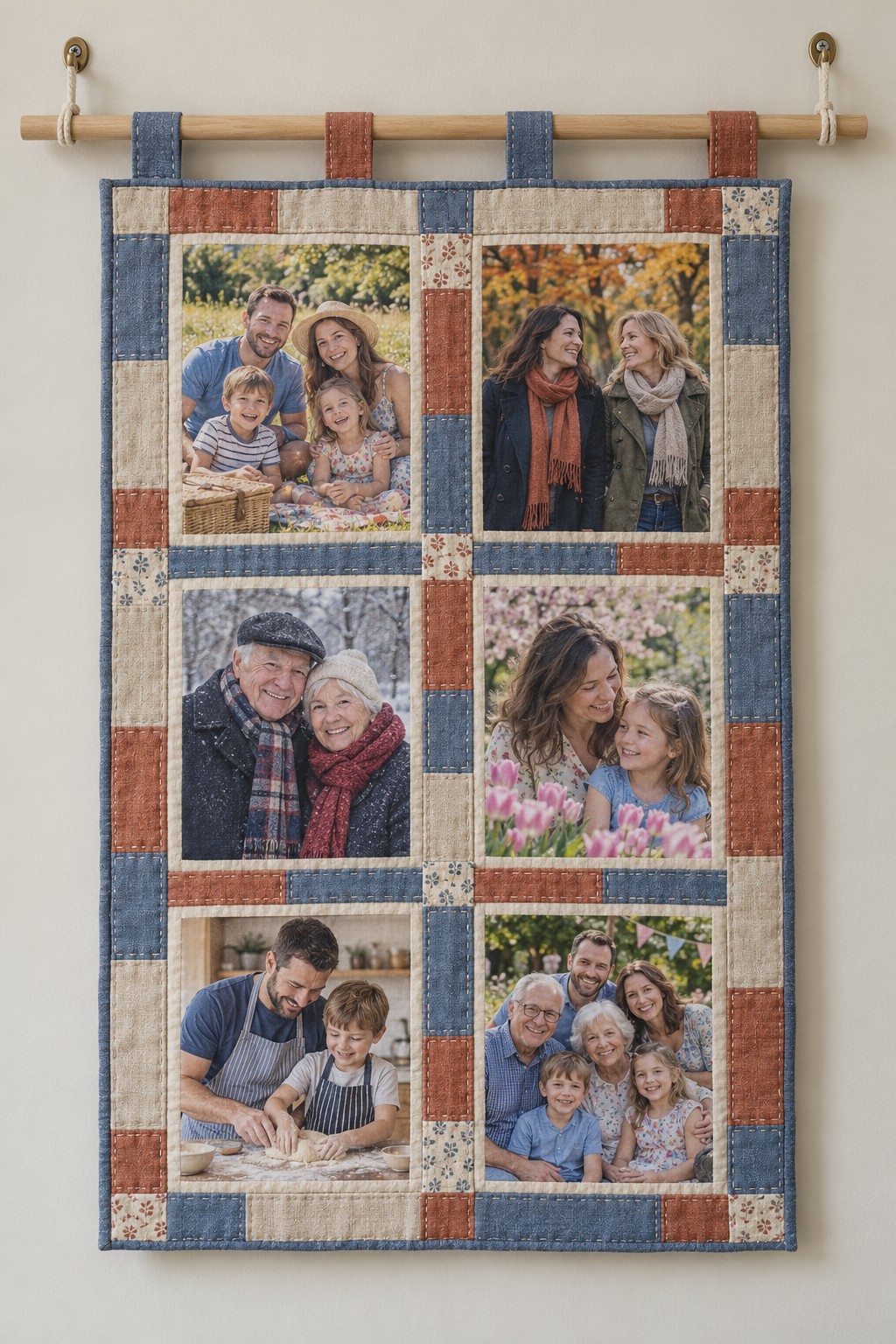Blue cream and rust patchwork hanging with six fabric photographs and tabs on a wooden dowel