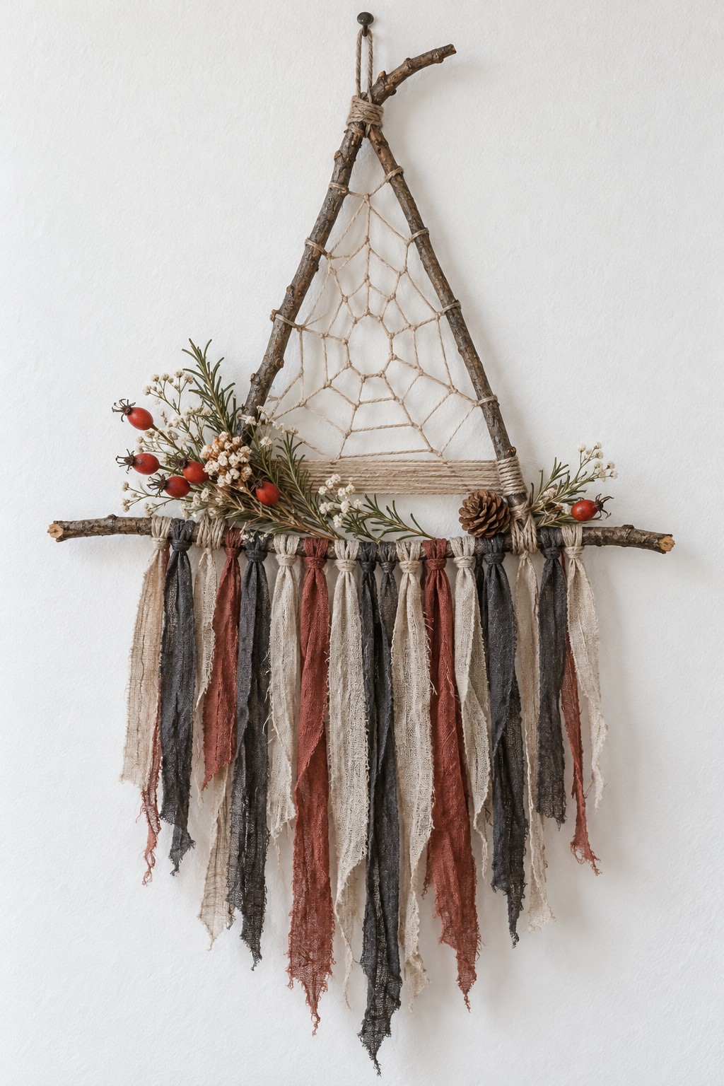Witch hat shaped twig frame with a cord web, red berries, evergreen sprigs and rust and charcoal fabric strips