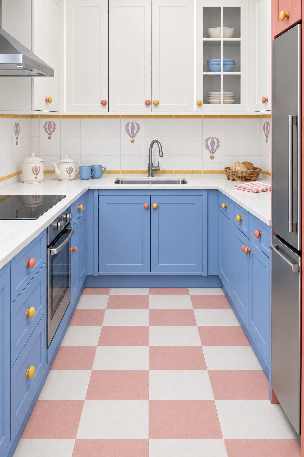 Cornflower blue kitchen cabinets with pastel balloon tiles, colorful round knobs, and a pink checkerboard floor