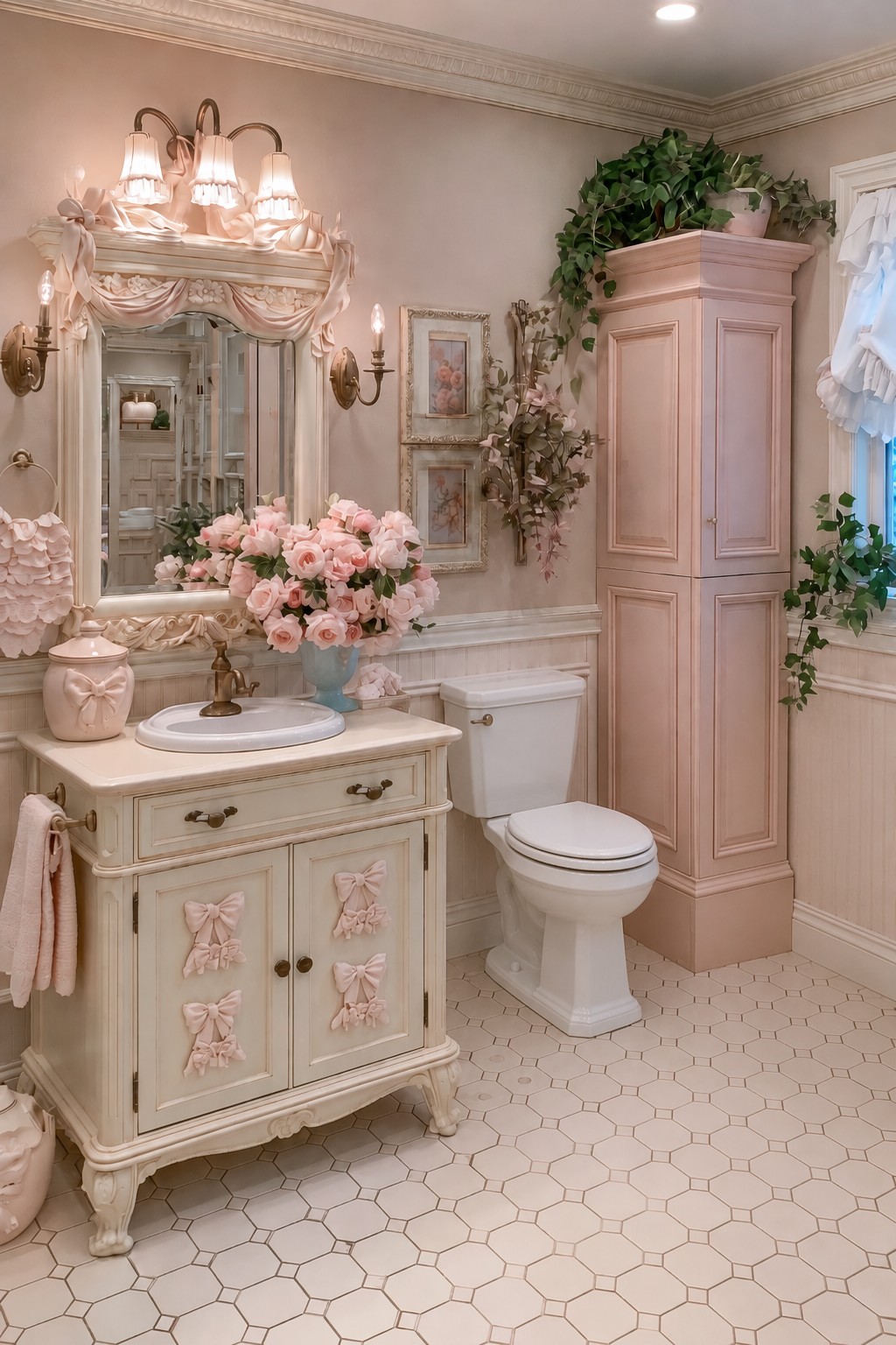 Cream vanity with raised bow details beneath a swag framed mirror beside a tall blush cabinet