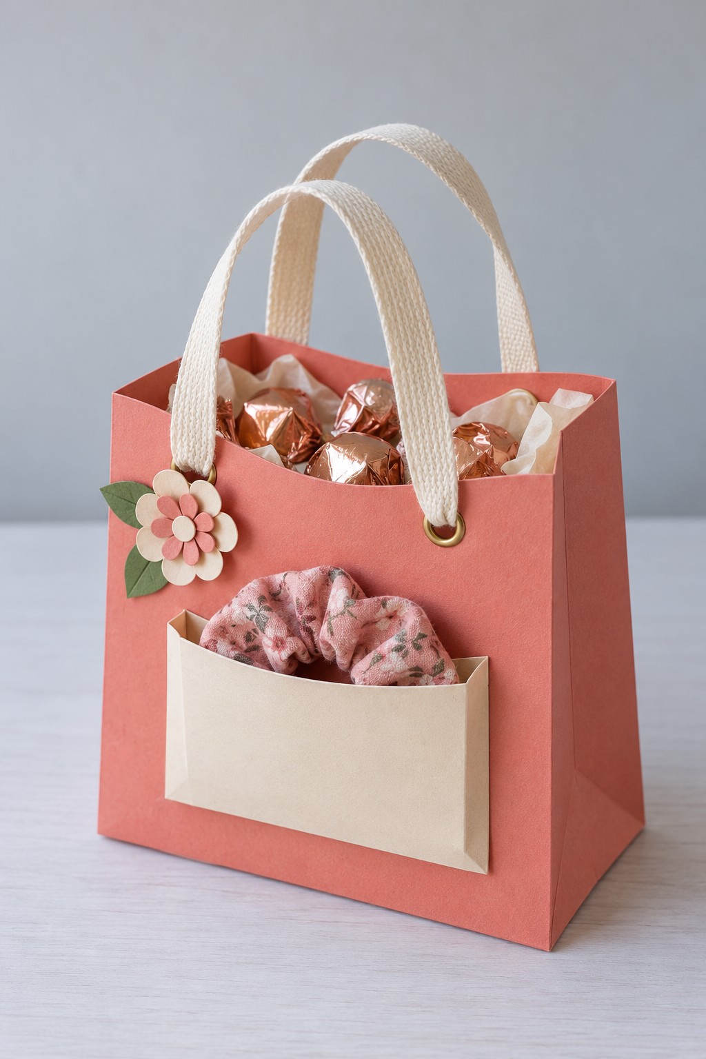 Coral card gift tote with cream handles, wrapped sweets, and a floral fabric scrunchie in its front pocket