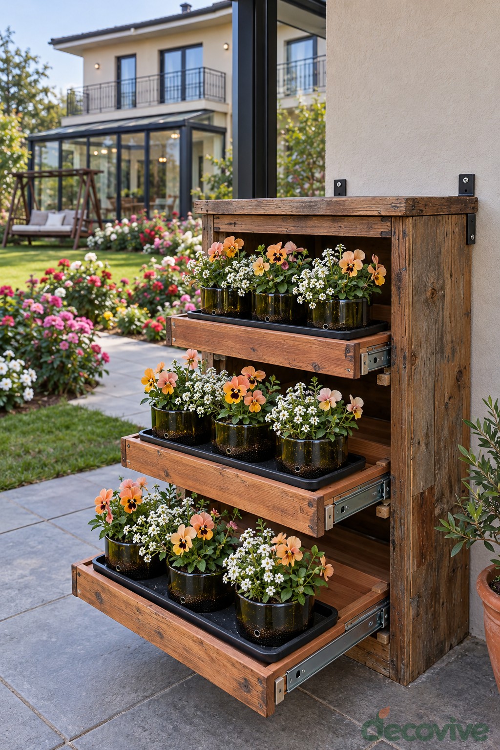 Three timber wall shelves lined with small green bottle planters and flowers