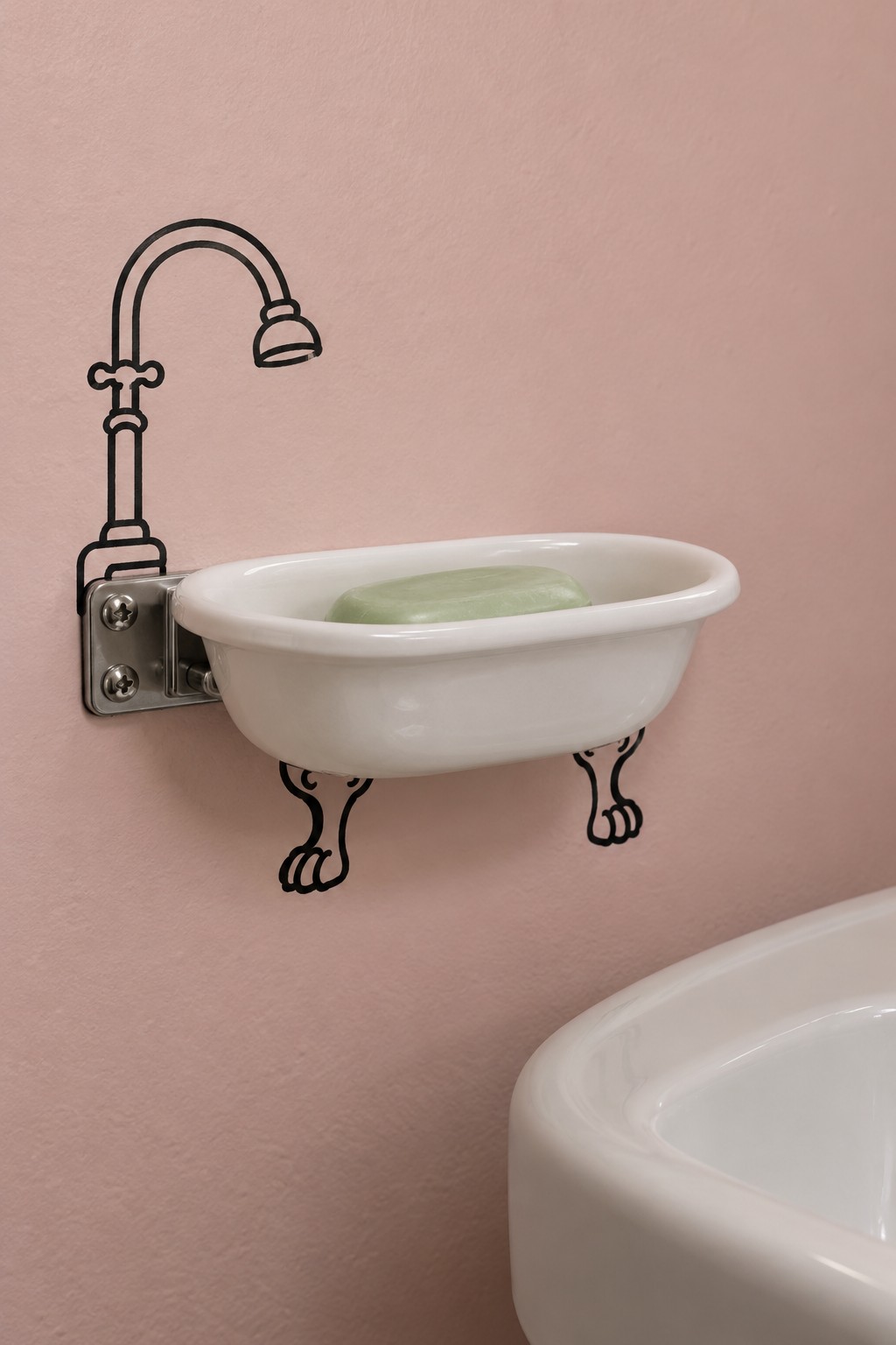 White wall soap dish completed with a painted faucet and claw feet on a dusty pink bathroom wall