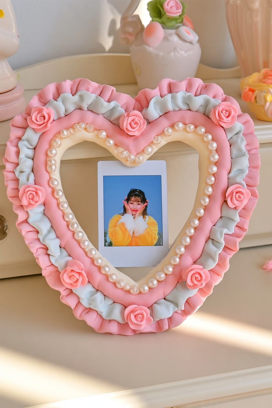 Heart shaped pink floral frame displaying a rectangular photograph with a visible white border