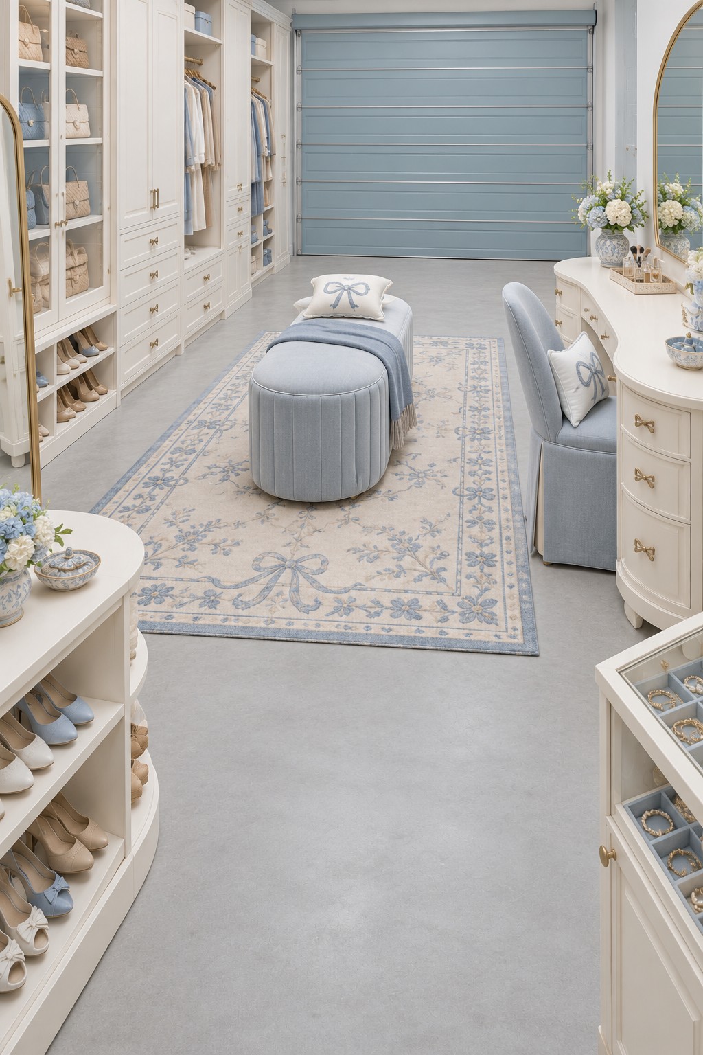 Garage dressing room with cream wardrobes, powder blue upholstered bench, curved vanity, and floral rug