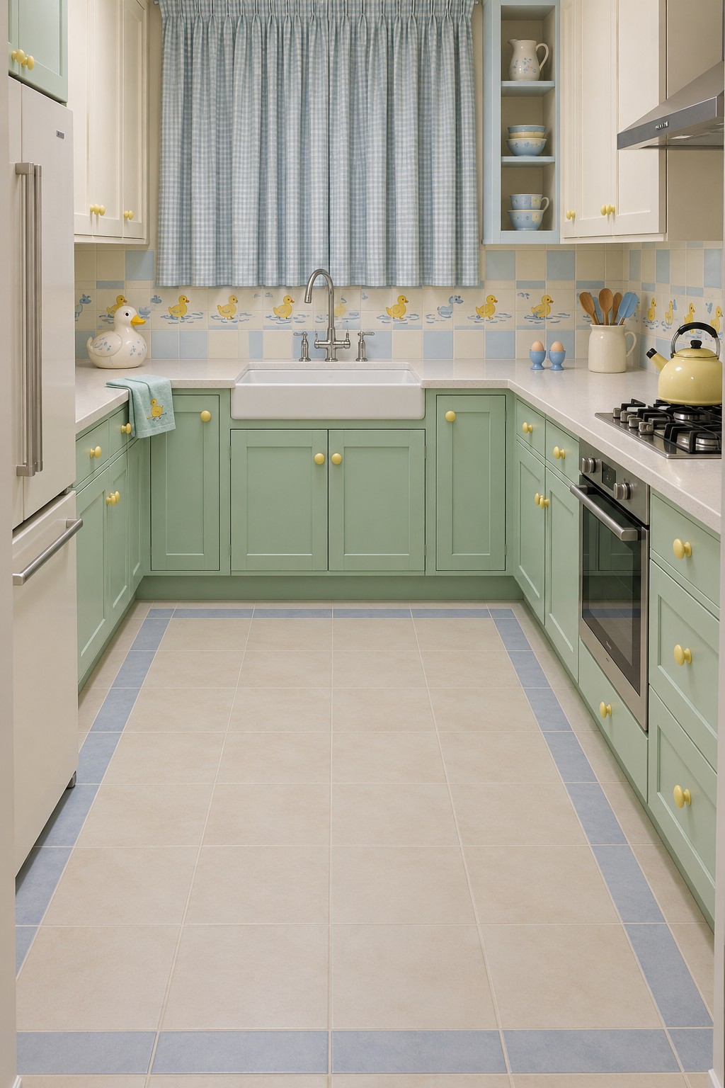 Sage lower cabinets, cream upper cupboards, yellow duck accent tiles, and blue checked curtains