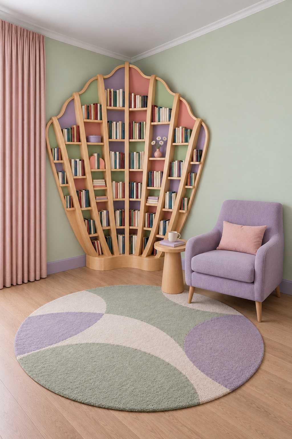 Fan shaped shell bookcase with natural wood dividers and pastel backing beside a lilac chair and round color block rug