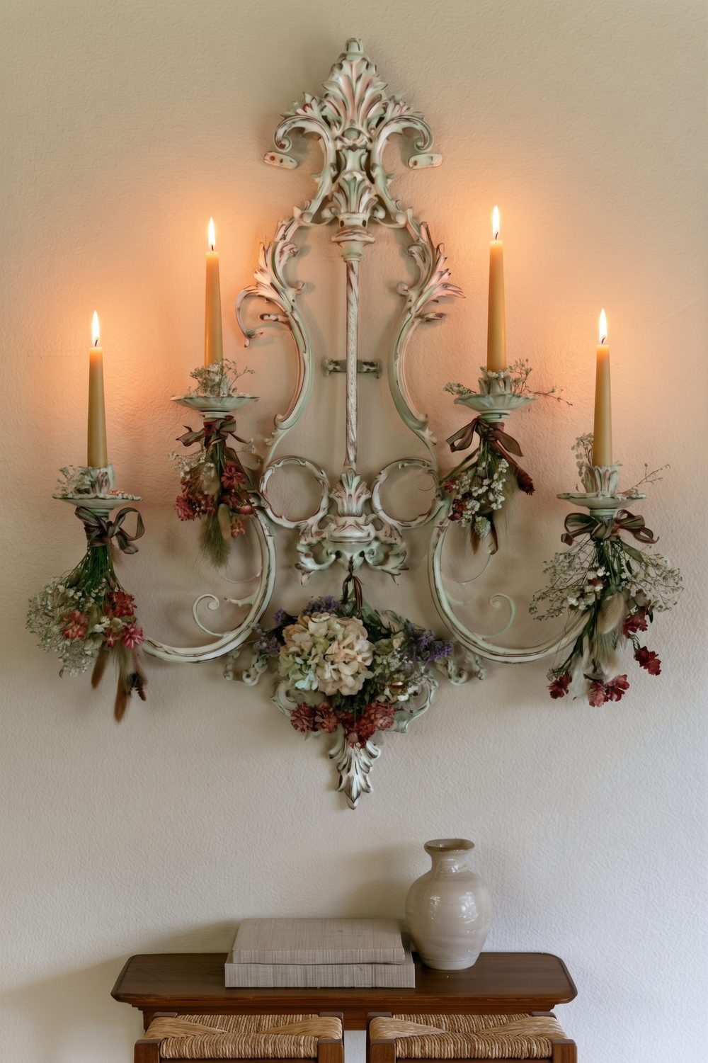 Distressed mint and cream chandelier frame mounted on a wall with candles and dried flower bundles