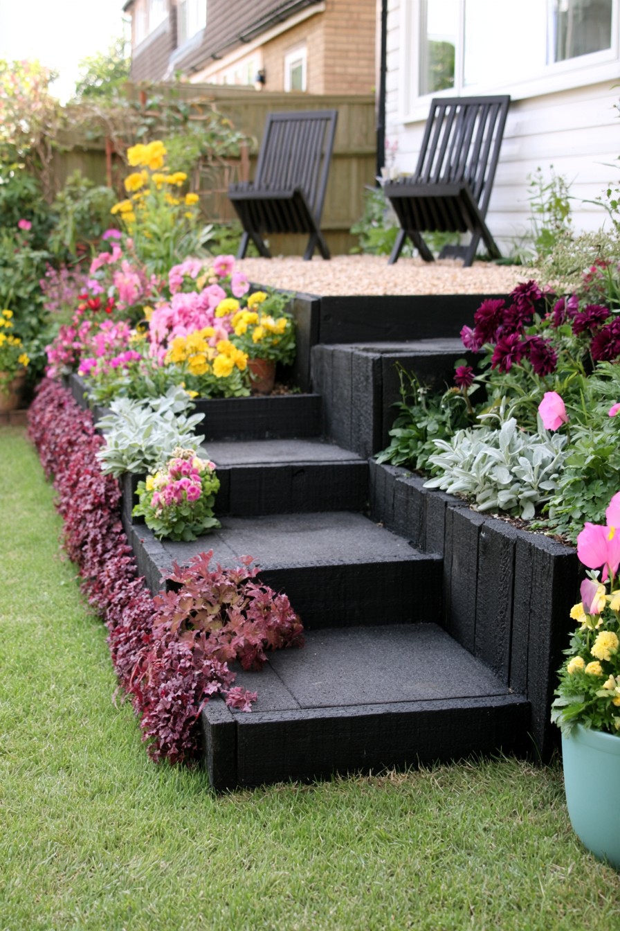 Black timber garden steps between layered flower beds with chairs at the upper level