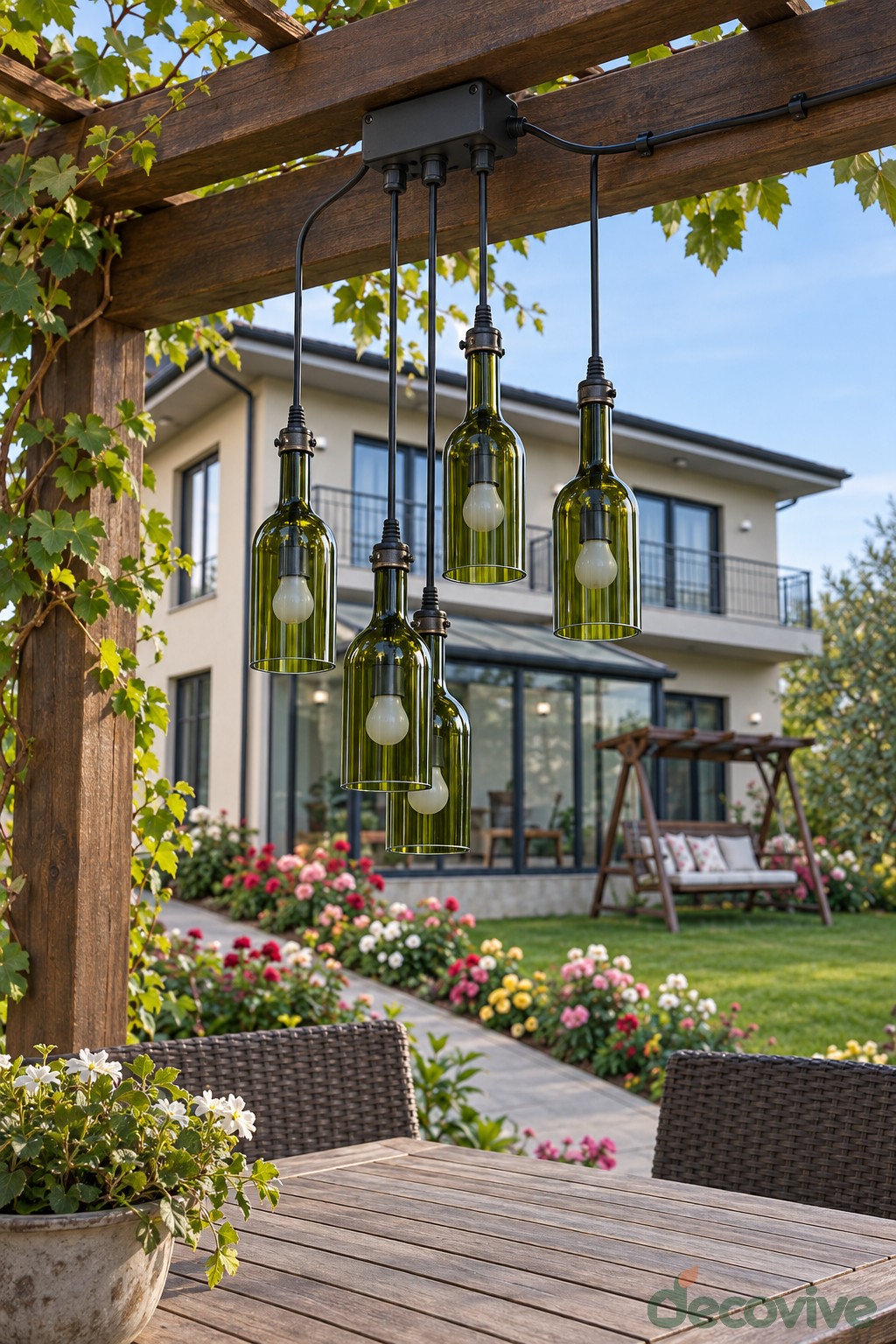 Green and clear bottle pendant lights suspended from a timber pergola