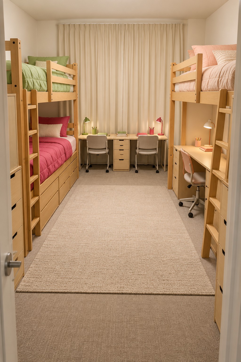 A wooden bunk bed on the left and a loft bed on the right with green raspberry and blush bedding