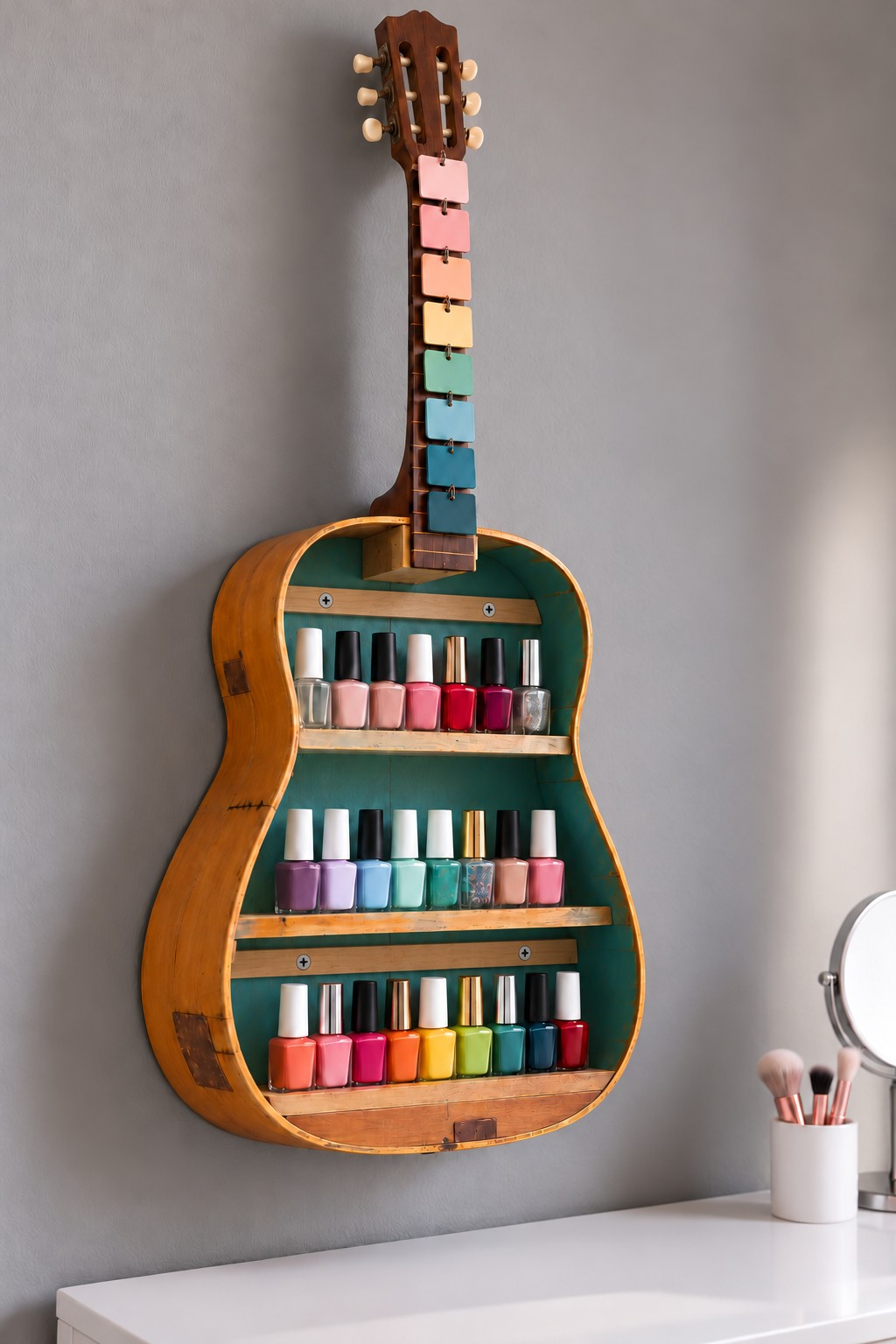 Repurposed acoustic guitar body with teal interior, three nail polish shelves, and color swatches along the neck