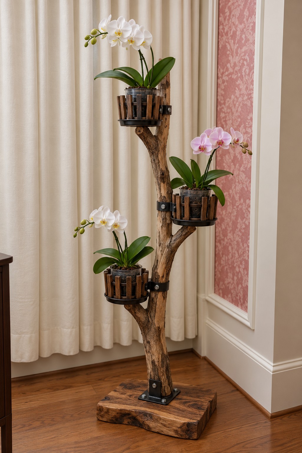 Natural branching wood stand with three orchid baskets on a broad rustic timber base