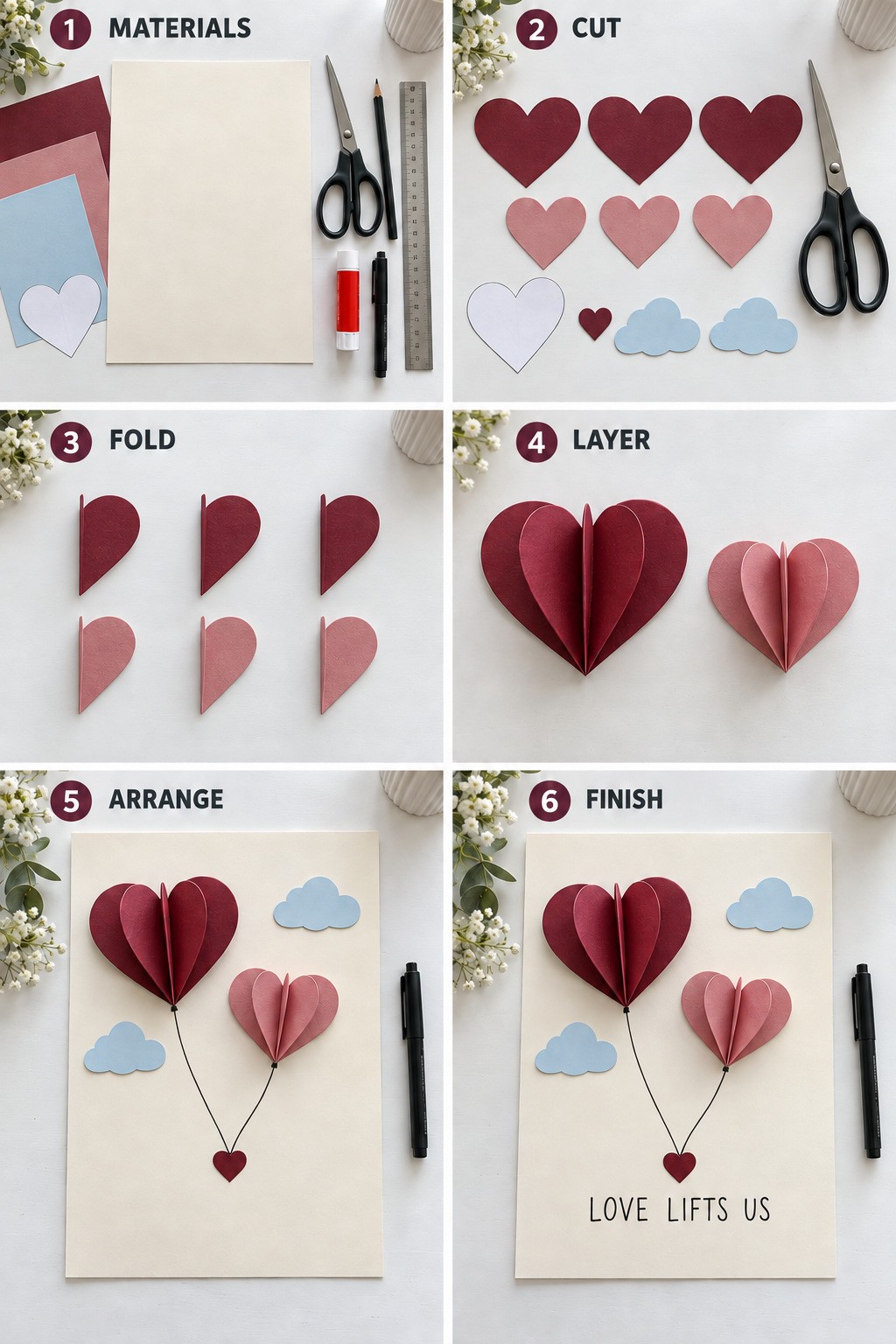 Six stages showing materials, matching heart cutouts, individual folded hearts, layered balloons, placement, and the finished Love Lifts Us poster