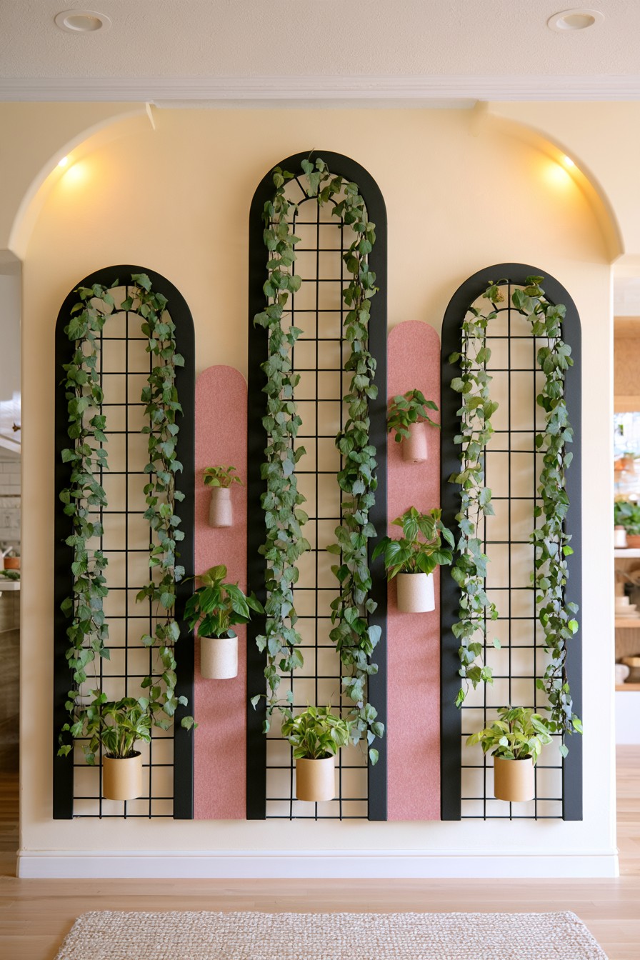 Tall black arched grid frames bordered by leafy vines, with slim pink panels and small pale wall pots between them