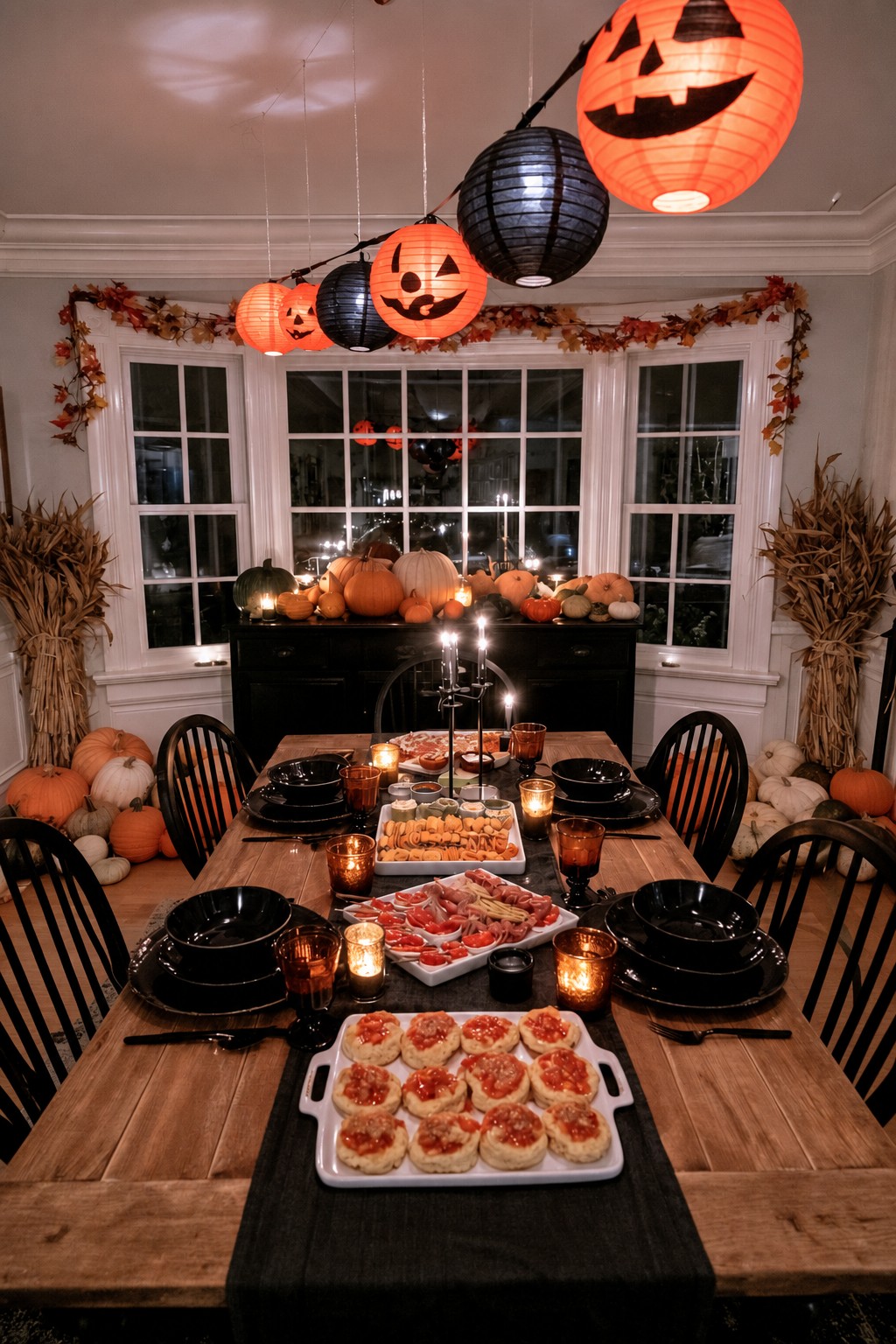 Orange jack-o’-lantern paper lanterns above a wood table with black plates and harvest pumpkins