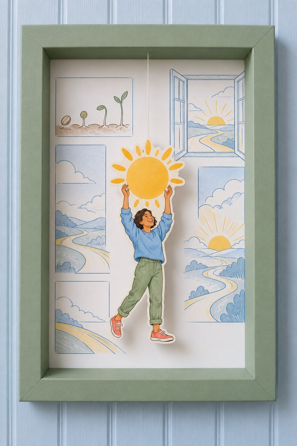 Sage green paper frame with a child lifting a yellow sun above blue river and growing seed illustrations