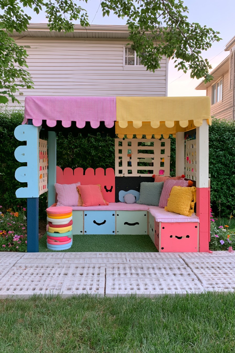 Pink-and-yellow canopy above colorful corner benches with painted faces and cushions