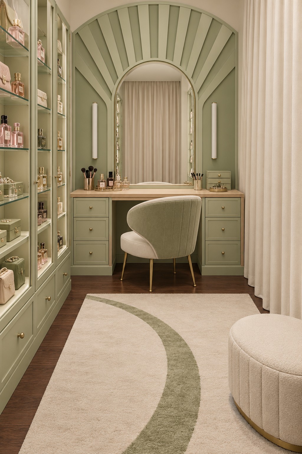 Sage vanity beneath an arched fan pattern, with glass display cabinets and a cream rug with a green curve