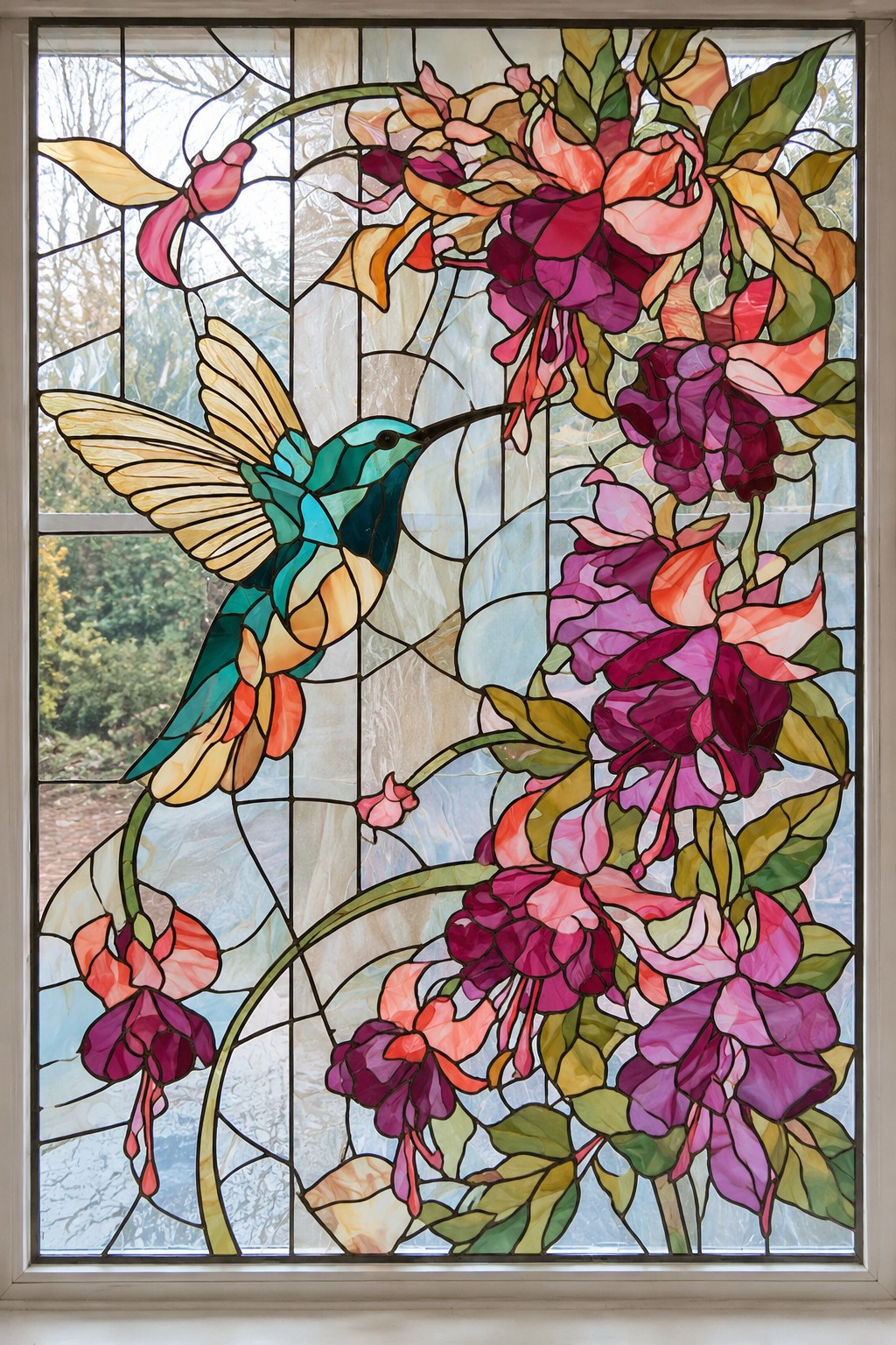 Teal hummingbird with pale gold wings hovering beside hanging pink, coral, and purple fuchsia style flowers