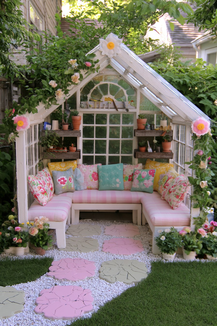 Greenhouse-style garden lounge with pale window grids and striped and floral cushions