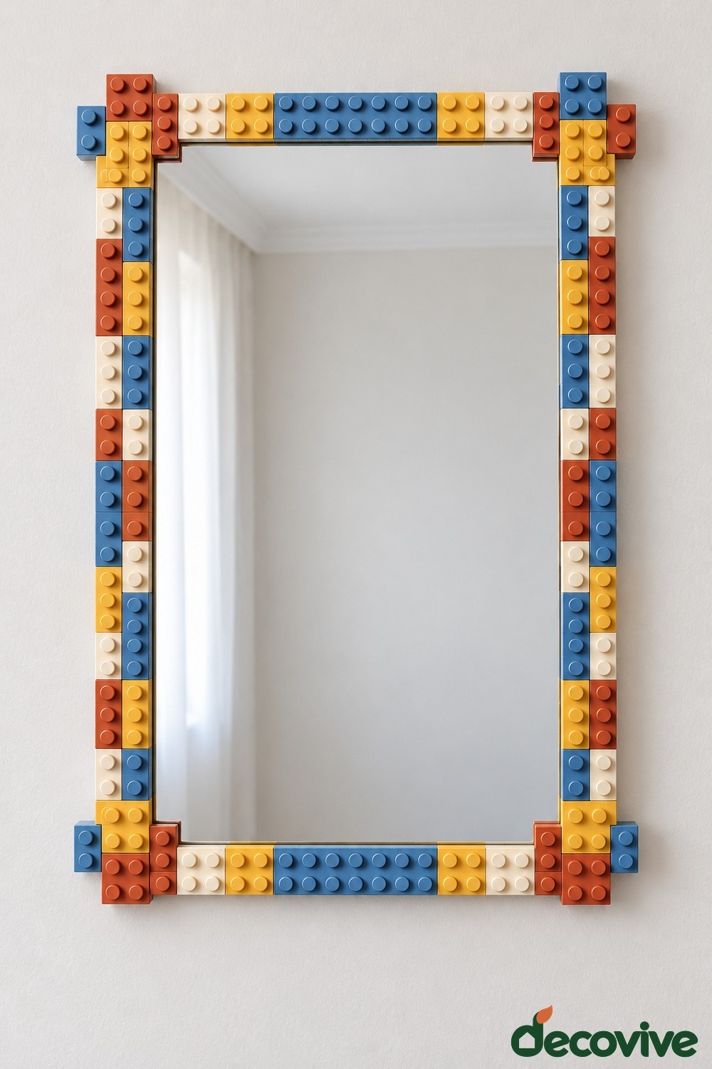 Rectangular mirror with a blue yellow cream and orange toy building brick border