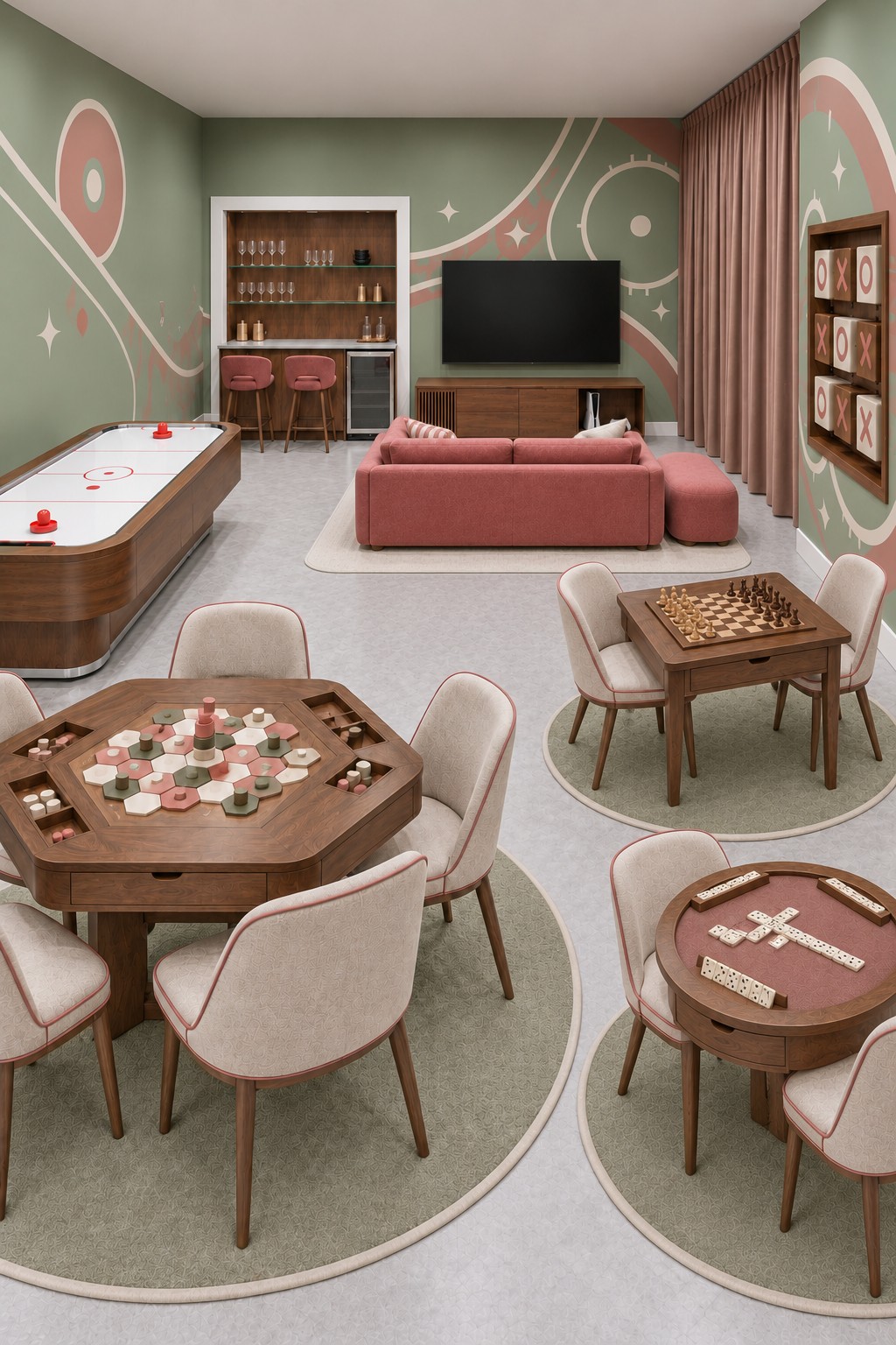 Sage and pink basement with separate board game, chess, and domino tables, air hockey, and a pink sofa