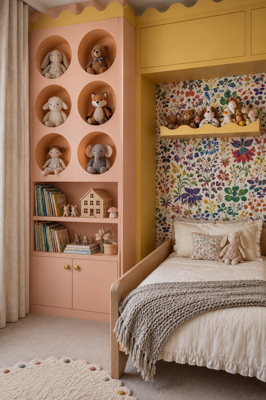 Tall pink cabinet with six round plush toy niches and lower bookshelves beside a floral backed timber bed