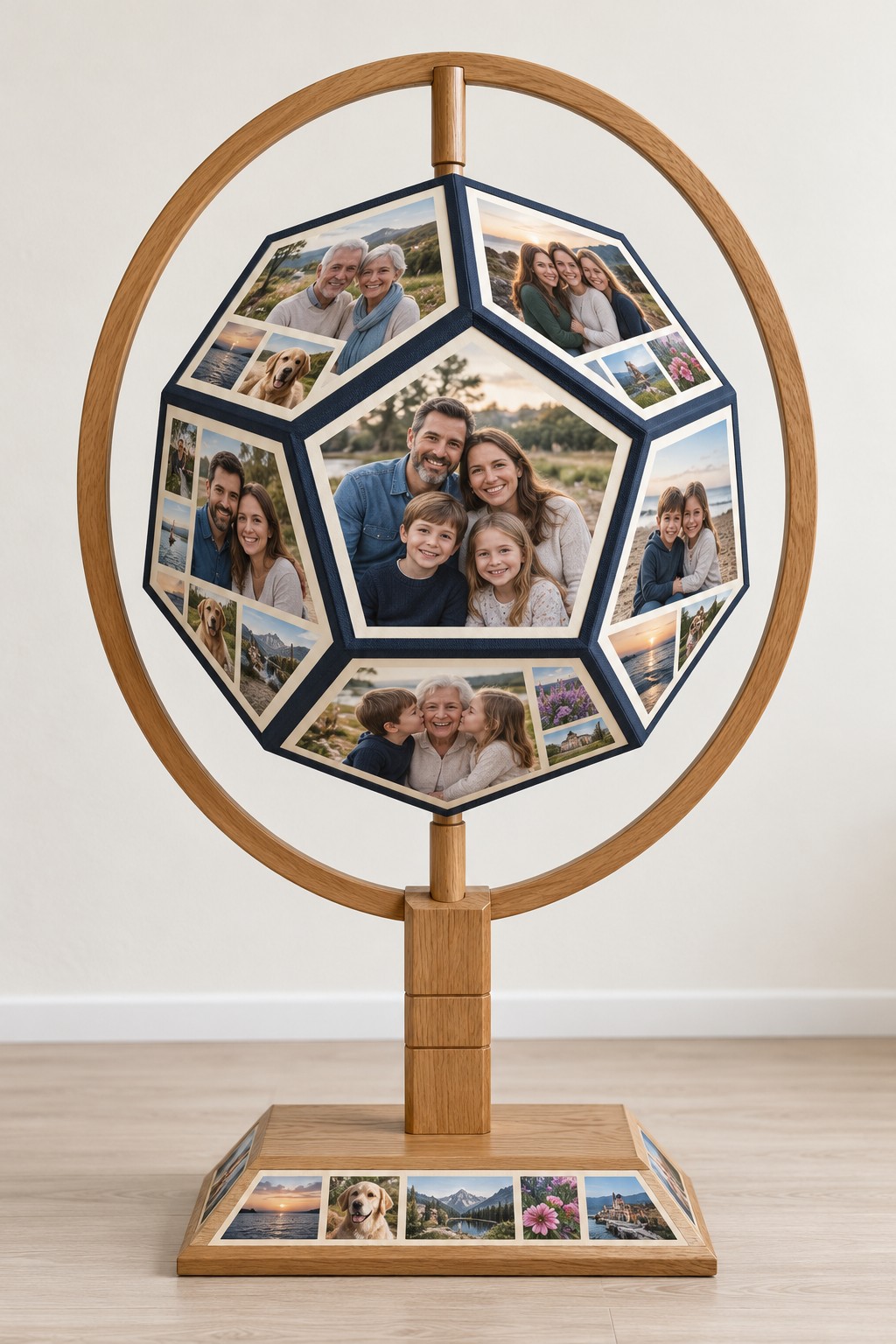 Faceted photo globe with dark pentagonal borders held within a wooden ring on a photo covered plinth