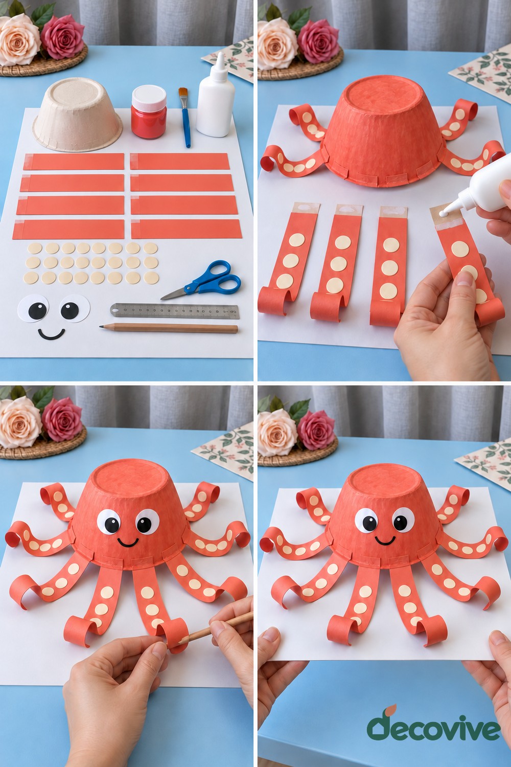 Making sequence for a paper bowl octopus with eight curled arms