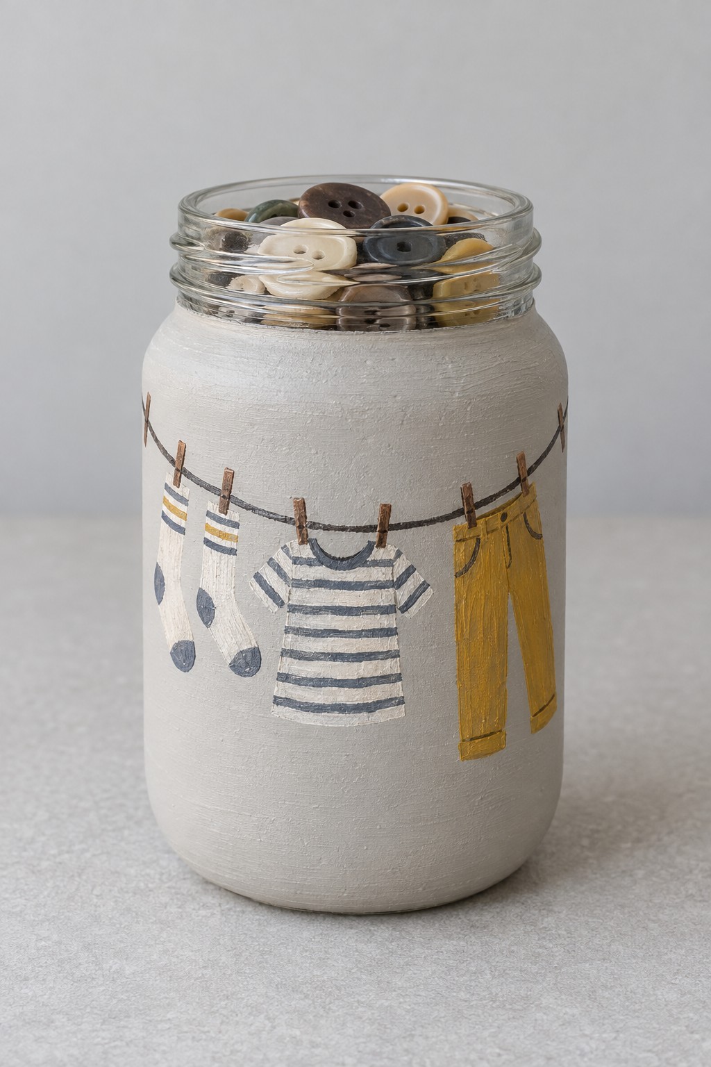 Ivory jar with a painted clothesline socks striped shirt and yellow trousers holding sewing buttons