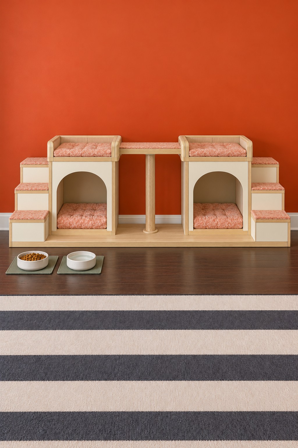 Twin arched cat dens with roof cushions, stairs at both ends, and a center supported connecting walkway