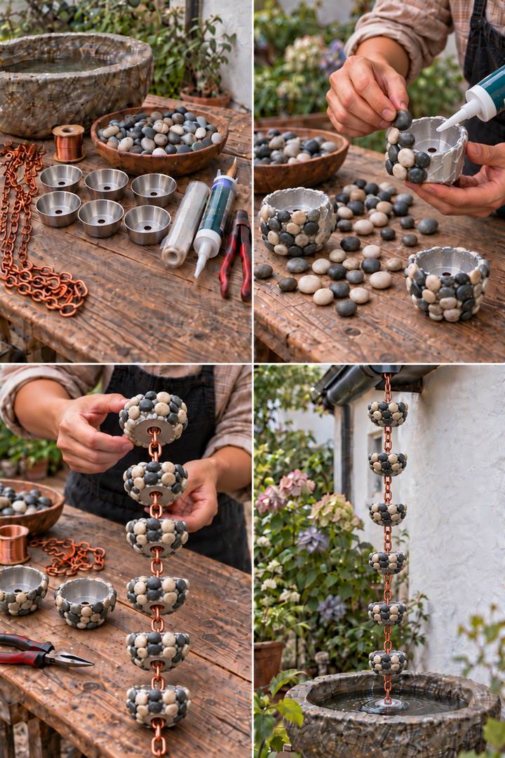 Small metal rain chain cups decorated with pebbles and linked above a stone filled collection basin