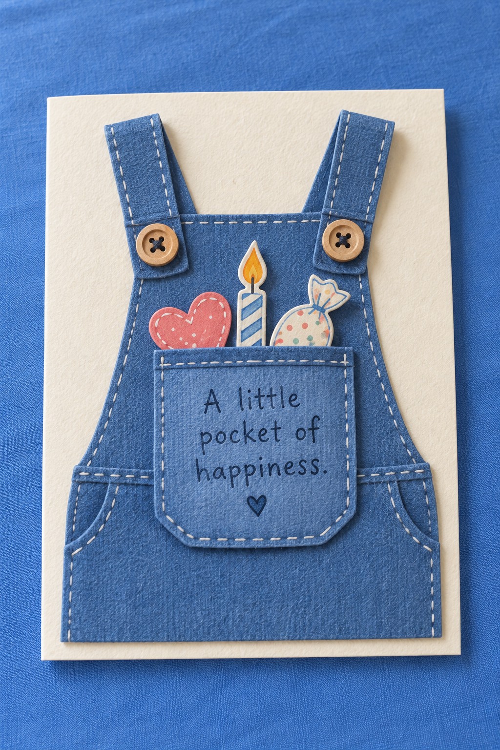 Cream birthday card with denim overalls, a working pocket, buttons, and small birthday cutouts