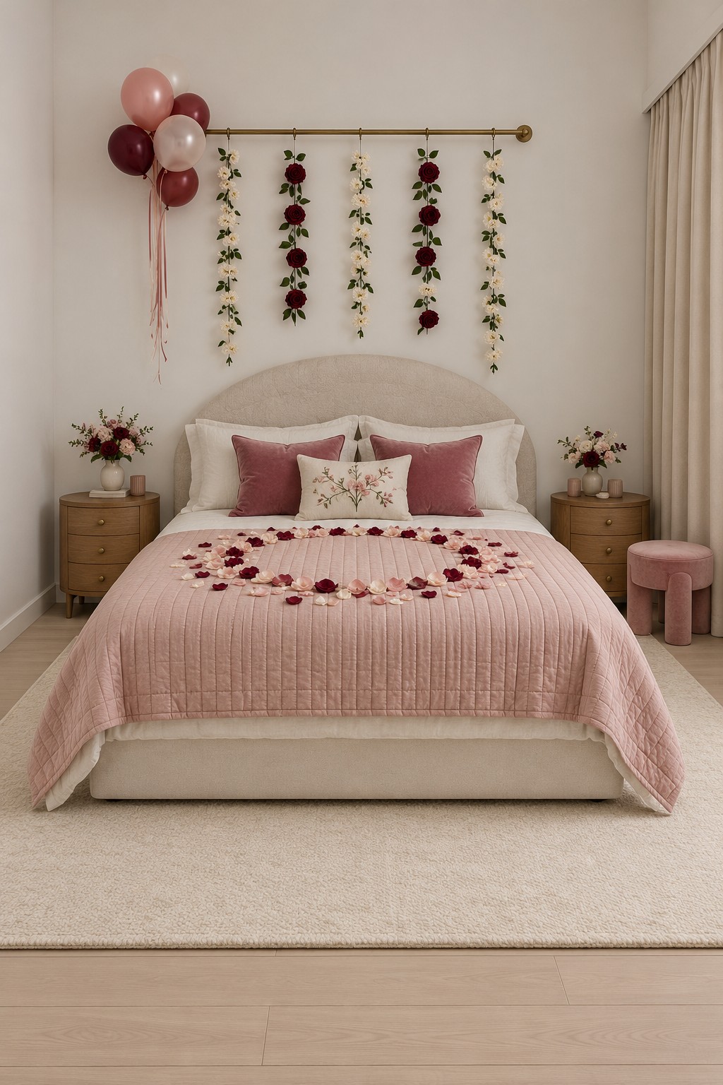 Rounded cream headboard with alternating hanging floral strands, a blush quilt, and a circular petal arrangement