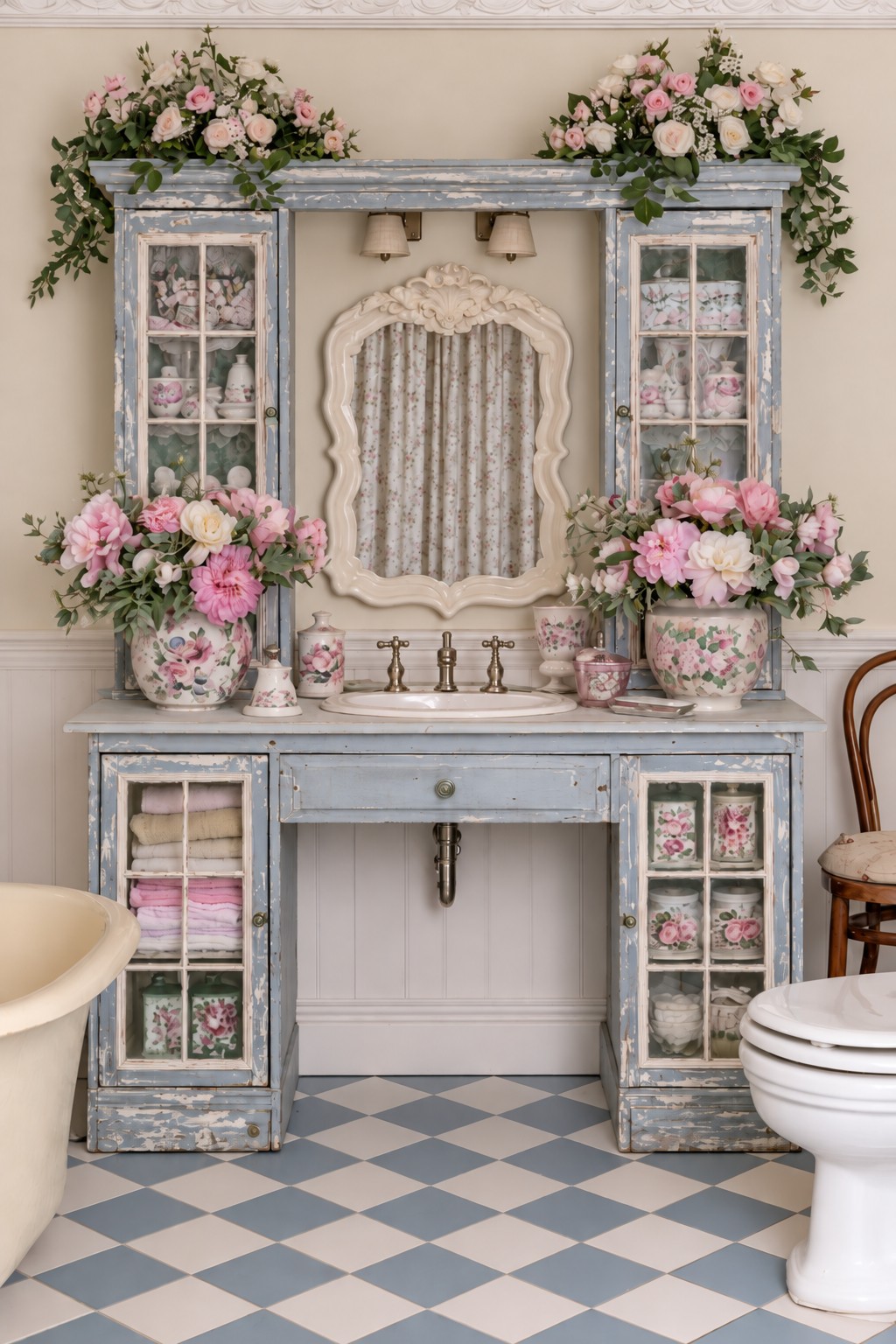 Wide faded blue vanity with glass front cabinets around a cream mirror and blue checkerboard flooring