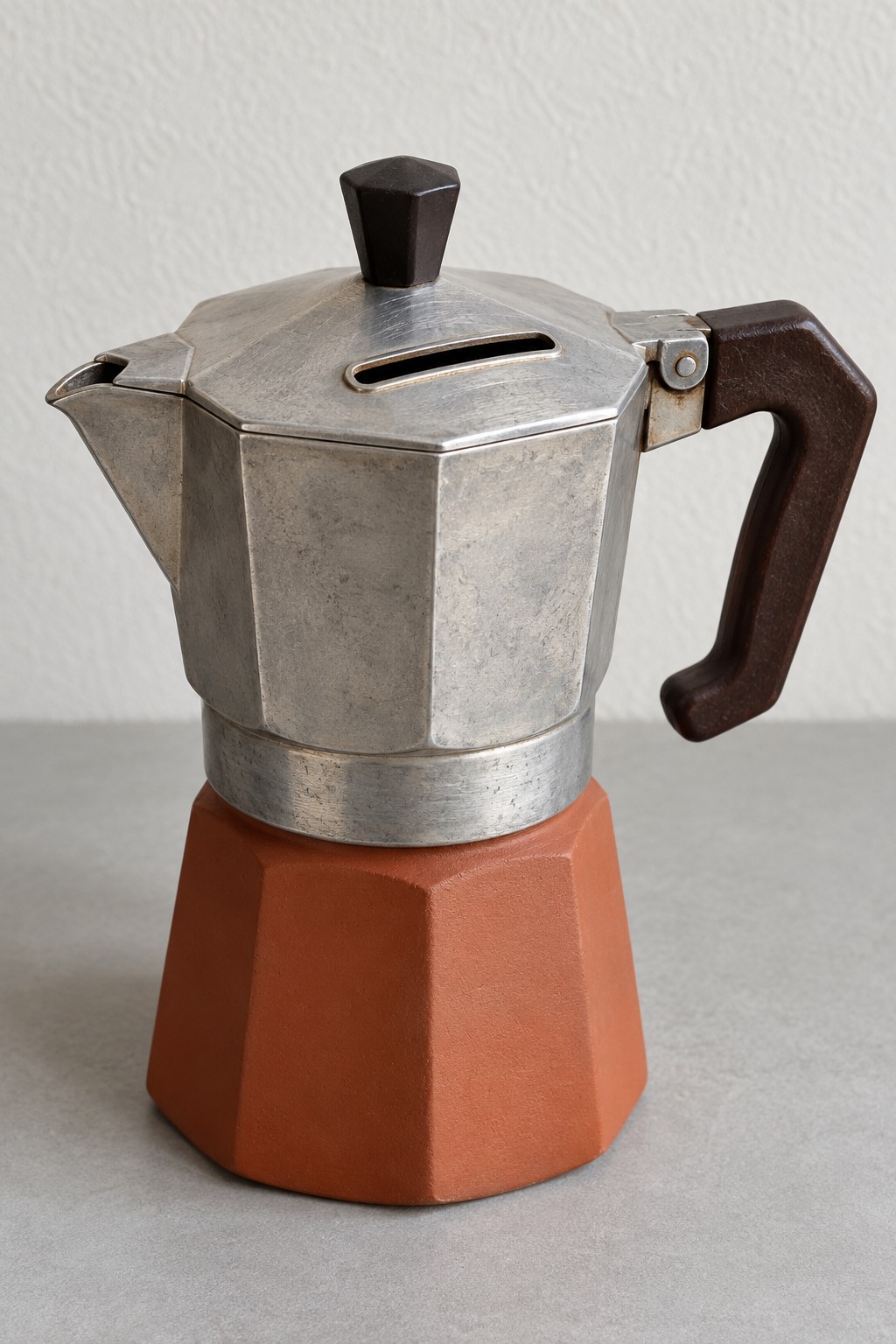 Silver moka pot coin bank with a lid slot, dark handle and terracotta colored lower chamber